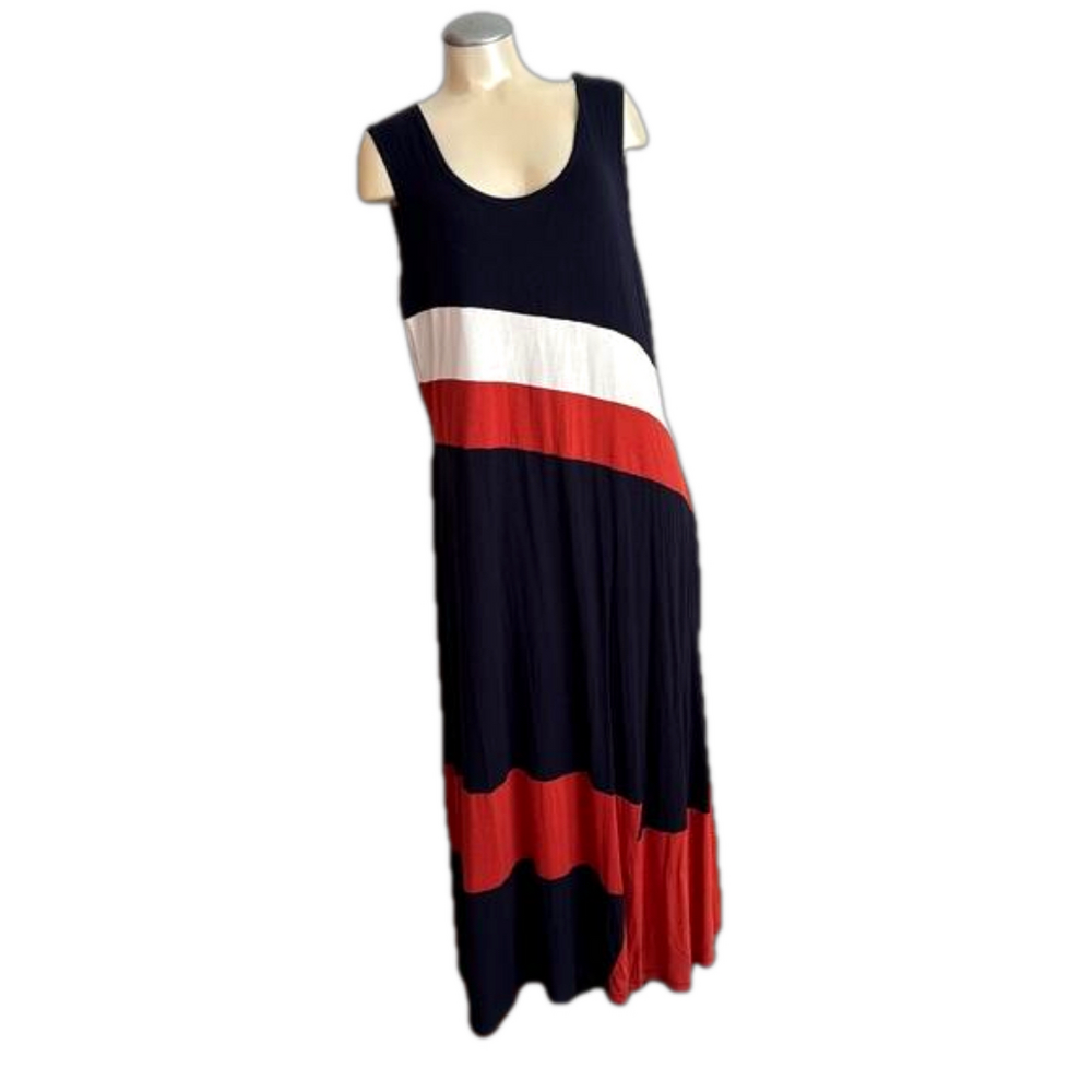 Cleo Petites Classy Timeless Sleeveless Blue White Orange Diagonal Stripe Dresds
